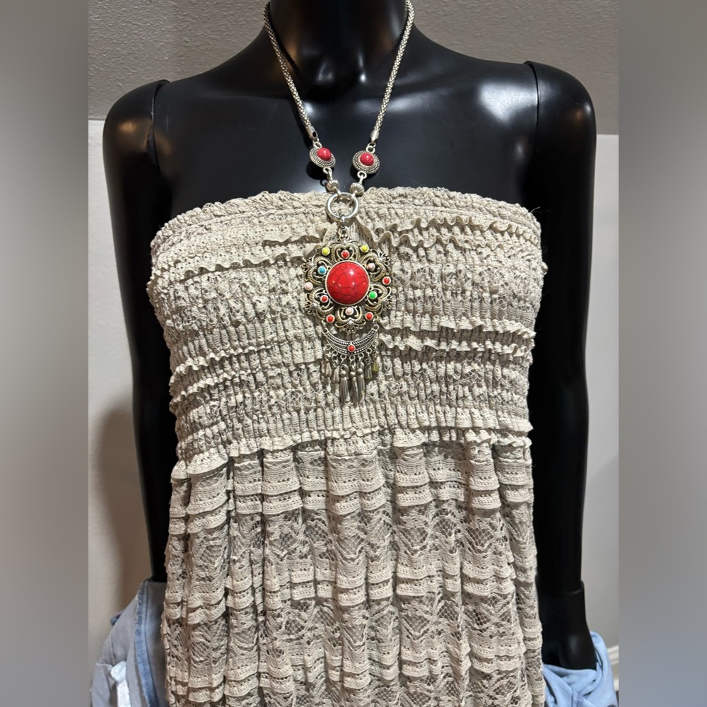 Mocha Brown Stretch Lace Bohemian Strapless Maxi Dress New Sz XL - Picture 2 of 8